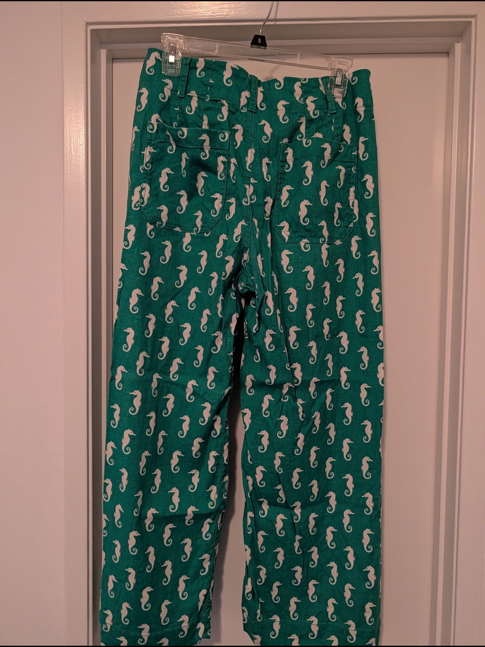 Green Seahorse Print Wide-Leg Pants, Size 29 - Picture 2 of 6